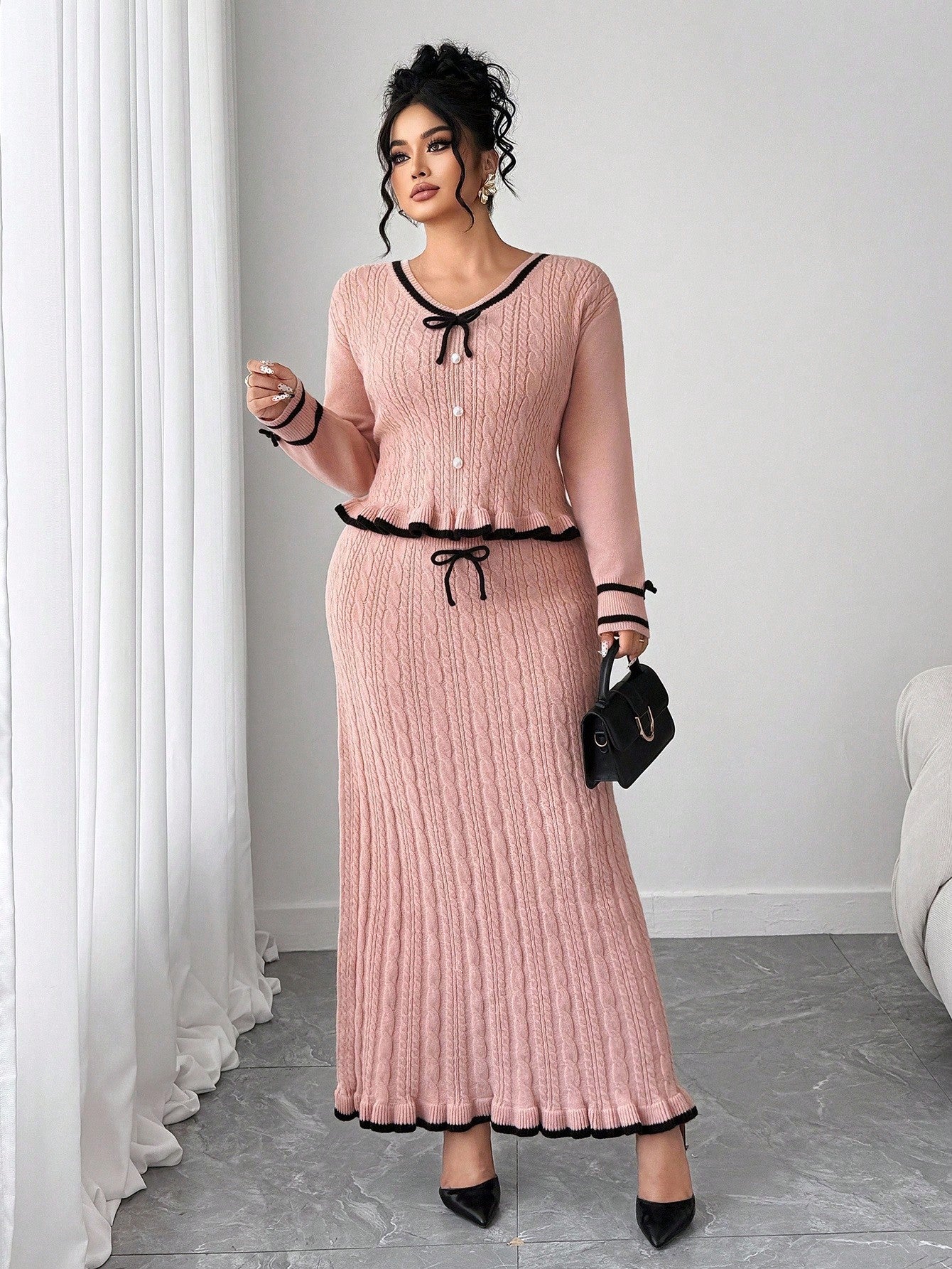 Elevate your autumn wardrobe with this chic two-piece set that's all about effortless sophistication! The soft knitted V-neck sweater pairs beautifully with a flattering fitted midi skirt, while the playful contrast color bow adds just the right touch of personality. Designed for the modern plus-size woman who refuses to compromise on style, this set transitions seamlessly from cozy weekends to polished outings. Perfect for layering through winter or standing solo when the weather warms up. Comfort meets el