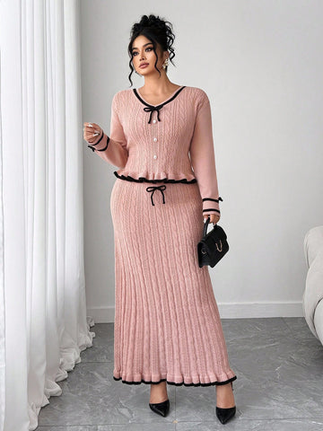 Elevate your autumn wardrobe with this chic two-piece set that's all about effortless sophistication! The soft knitted V-neck sweater pairs beautifully with a flattering fitted midi skirt, while the playful contrast color bow adds just the right touch of personality. Designed for the modern plus-size woman who refuses to compromise on style, this set transitions seamlessly from cozy weekends to polished outings. Perfect for layering through winter or standing solo when the weather warms up. Comfort meets el