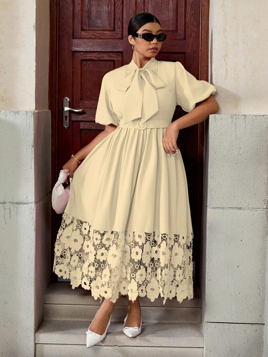 Elegant Plus Size Lace Floral Maxi Dress with Bow