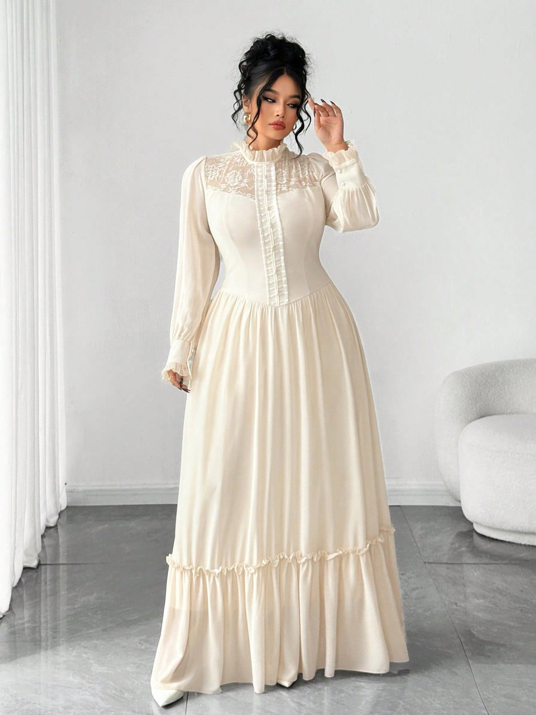 Elevate your wardrobe with this stunning plus-size dress that's equal parts sophisticated and fun! The delicate lace patchwork creates visual interest while the flattering A-line silhouette celebrates your curves beautifully. Charming puff sleeves add a playful touch, while the crisp stand collar brings polished elegance to the mix. Perfect for date nights, special occasions, or whenever you want to feel absolutely fabulous. This dress proves that style has no size limit—slip it on and own the room with con