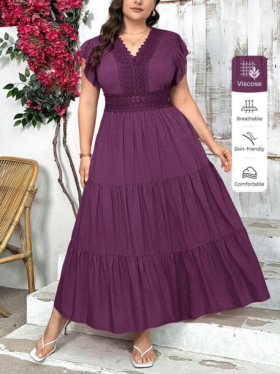 Elevate your wardrobe with this stunning plus-size midi dress that's equal parts sophisticated and fun! The delicate lace patchwork creates visual interest while the flattering A-line silhouette celebrates your curves beautifully. Short sleeves and a chic V-neckline offer the perfect balance of elegance and comfort, making it ideal for everything from brunch dates to evening events. Slip it on and feel confident, gorgeous, and ready to turn heads!