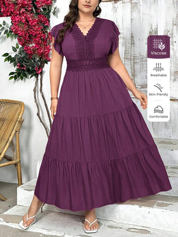 Elevate your wardrobe with this stunning plus-size midi dress that's equal parts sophisticated and fun! The delicate lace patchwork creates visual interest while the flattering A-line silhouette celebrates your curves beautifully. Short sleeves and a chic V-neckline offer the perfect balance of elegance and comfort, making it ideal for everything from brunch dates to evening events. Slip it on and feel confident, gorgeous, and ready to turn heads!