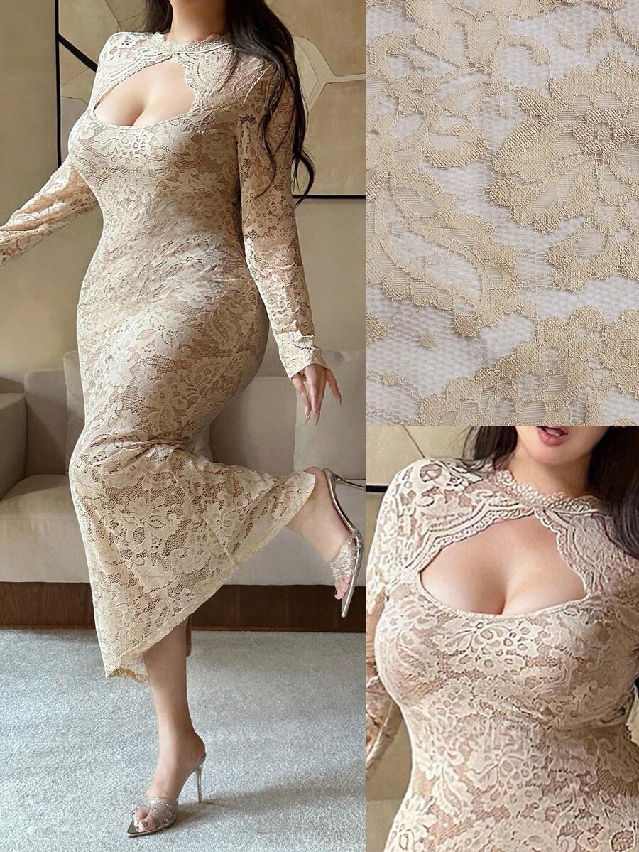 Slip into sophistication with this stunning plus-size bodycon dress that's equal parts glamorous and fun. The intricate lace patchwork detailing adds texture and visual interest, while the fitted silhouette flatters your curves beautifully. Perfect for autumn and winter celebrations, from holiday parties to special nights out, this dress brings elegance with a playful twist. The rich seasonal tones and luxe lace combination make it a versatile wardrobe essential that transitions seamlessly from event to eve