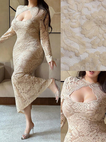 Slip into sophistication with this stunning plus-size bodycon dress that's equal parts glamorous and fun. The intricate lace patchwork detailing adds texture and visual interest, while the fitted silhouette flatters your curves beautifully. Perfect for autumn and winter celebrations, from holiday parties to special nights out, this dress brings elegance with a playful twist. The rich seasonal tones and luxe lace combination make it a versatile wardrobe essential that transitions seamlessly from event to eve