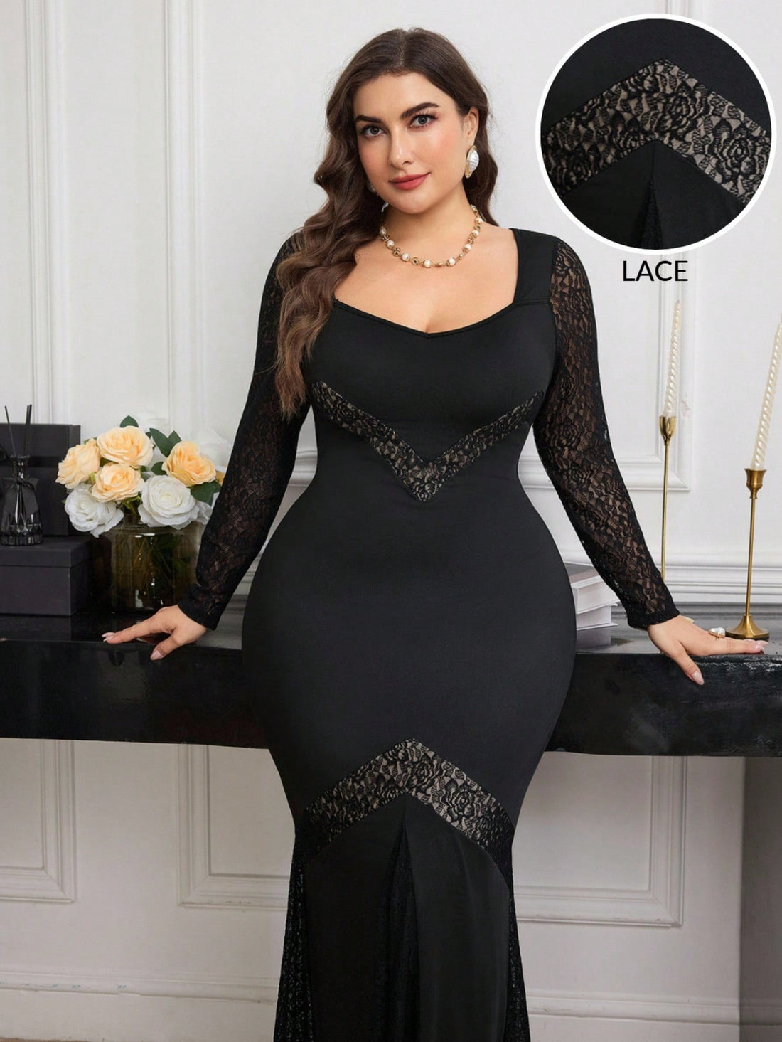Slip into sophistication with this stunning plus-size dress that's equal parts glamorous and fun! The delicate lace patchwork creates an eye-catching visual that flatters your curves, while the dramatic fishtail hem adds a playful twist to timeless elegance. Long sleeves provide coverage and warmth without sacrificing style, making this the perfect choice for special occasions, date nights, or whenever you want to feel absolutely fabulous. Designed to celebrate your figure with confidence and flair!