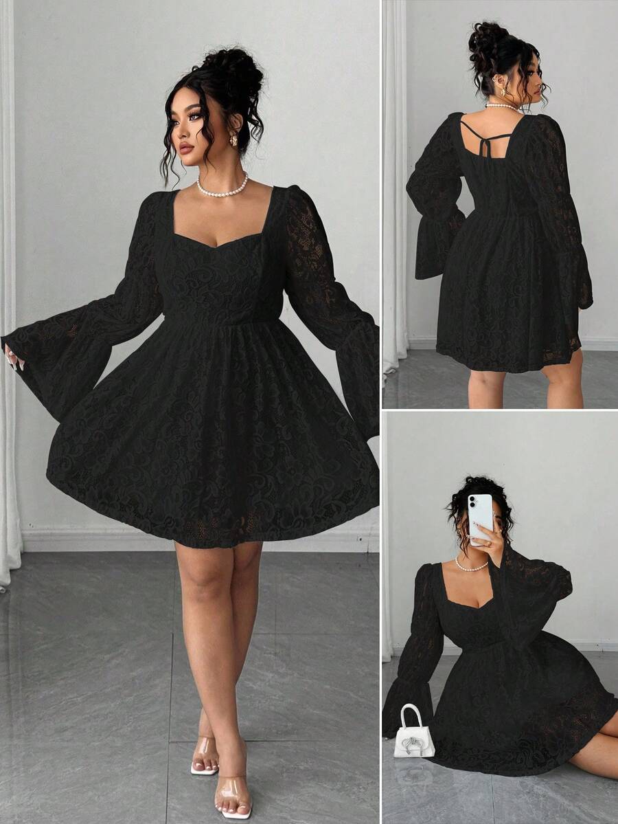 Make a statement in this stunning plus-size lace dress that's equal parts sophisticated and fun! The delicate lace fabric pairs beautifully with a flattering square neckline and long sleeves for an effortlessly elegant look. Perfect for date nights, parties, or any occasion where you want to feel confident and fabulous. The shorter hemline keeps things flirty while the thoughtful design ensures all-day comfort. Dress it up with heels and jewelry, or keep it casual—this versatile piece works however you want