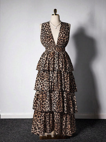 Full front view of khaki leopard-print sleeveless tiered maxi dress with deep V-neck and high waist