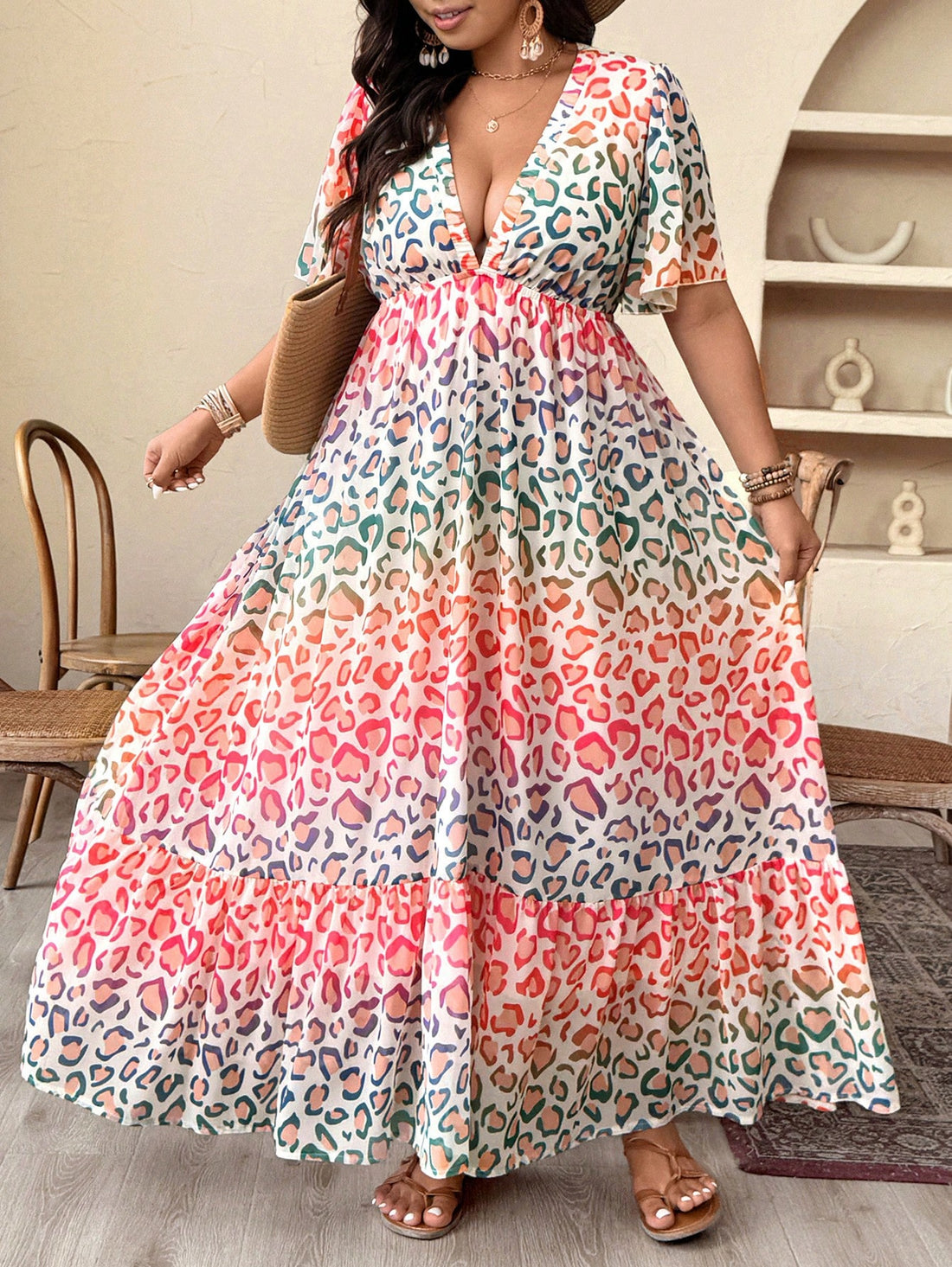 Step out in style with this Elegant Plus Size Leopard Print V-Neck Flared Maxi Dress. Its playful leopard pattern and flared silhouette bring a fun, flirty vibe to any spring or summer birthday celebration. The flattering V-neck flatters your figure while keeping things comfortable all day long. Celebrate with confidence and a touch of wild charm in this eye-catching maxi dress!