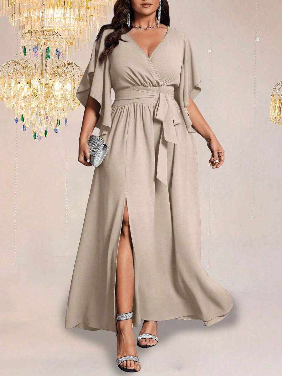 flattering maxi dress for curves Elegant Plus Size with V-Neck, Flare Sleeves, and Tie Waist – CANARY HOUZE Body:40 Montage by Mon Cheri Detailed with an empire color-beige