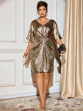 Elevate your cocktail game with this show-stopping metallic dress that's ready to turn heads at every autumn and winter celebration. The flattering V-neckline draws attention upward while the flared sleeves add a touch of dramatic flair and movement. Crafted for plus-size figures, this dress celebrates curves with confidence and style. The shimmering metallic finish catches the light beautifully, making you the star of any soirée. Perfect for holiday parties, date nights, or whenever you want to feel absolu