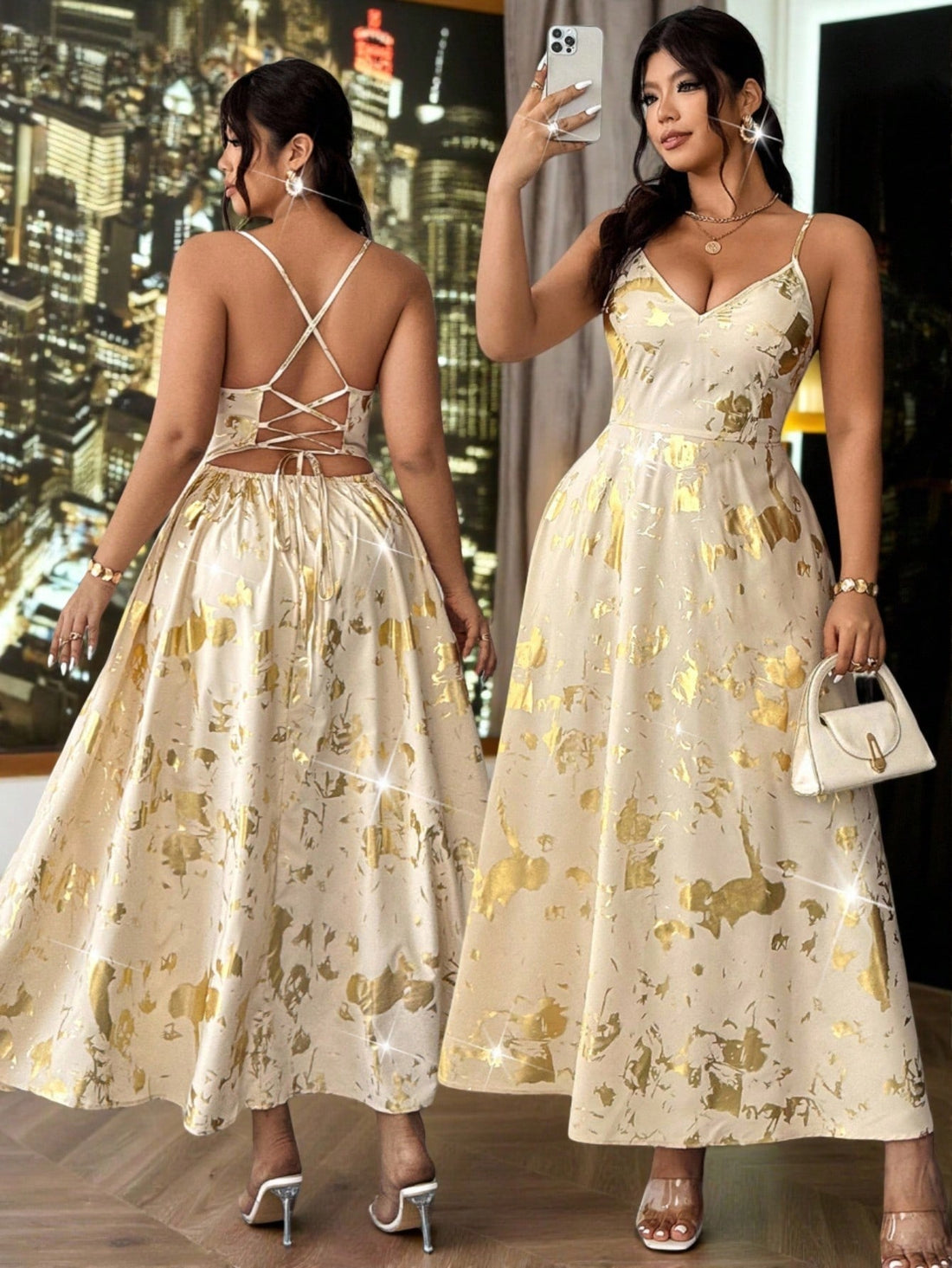 Make a statement this season in our stunning metallic foil spaghetti strap dress—the perfect pick for summer soirées and unforgettable celebrations. Designed with plus-size curves in mind, this show-stopping piece features a shimmering foil finish that catches the light beautifully, delicate spaghetti straps, and a daring backless silhouette that's equal parts glamorous and fun. Whether you're heading to a garden party, wedding reception, or night out with friends, this dress delivers confidence and sparkle