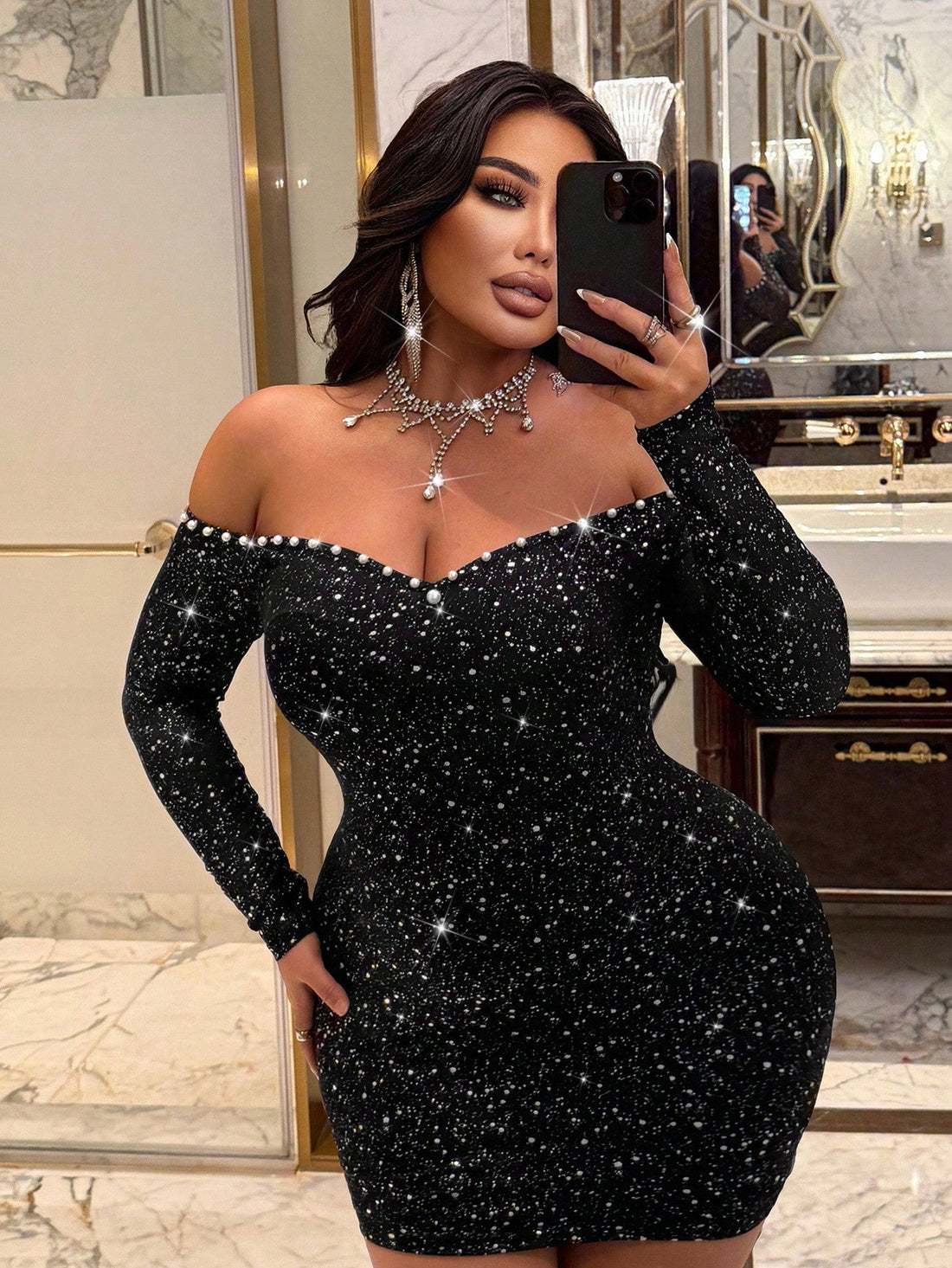 Turn heads this season in our Elegant Plus Size Metallic Pearl Mesh Party Dress. Perfect for autumn and winter celebrations, its shimmering metallic pearl mesh adds a touch of glamour while flattering curves with its thoughtful design. Embrace festive nights with style and confidence—this dress makes every party sparkle just for you!
