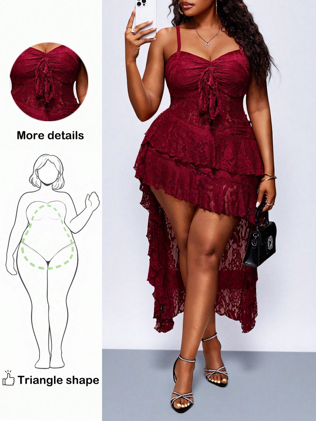 Celebrate the season in style with this stunning plus-size mini dress, thoughtfully designed to flatter pear-shaped figures. The delicate elastic lace cami creates an elegant silhouette while the fitted bodice provides support where you need it most. Perfect for holiday parties, festive gatherings, or any occasion calling for a touch of glamour. The mini length offers a modern, playful vibe that's both sophisticated and fun. Slip into confidence this Christmas and turn heads in a dress that makes you feel a