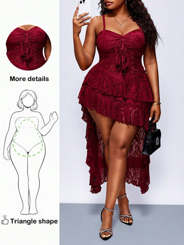 Celebrate the season in style with this stunning plus-size mini dress, thoughtfully designed to flatter pear-shaped figures. The delicate elastic lace cami creates an elegant silhouette while the fitted bodice provides support where you need it most. Perfect for holiday parties, festive gatherings, or any occasion calling for a touch of glamour. The mini length offers a modern, playful vibe that's both sophisticated and fun. Slip into confidence this Christmas and turn heads in a dress that makes you feel a