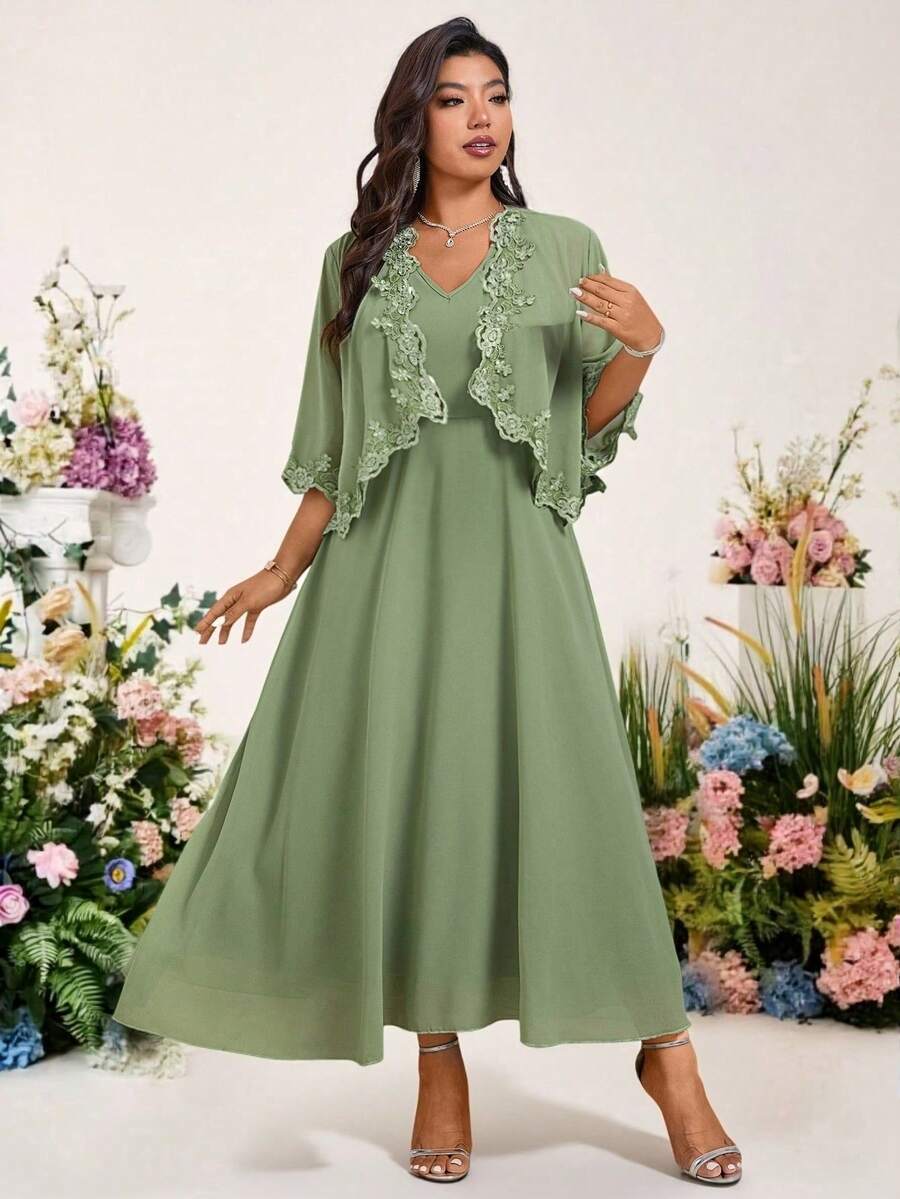Celebrate special moments in timeless elegance with this sophisticated plus-size mother of the bride dress. Featuring a flattering V-neckline and sleeveless midi silhouette, the dress pairs beautifully with an included chiffon shawl for versatile styling. The lush green botanical print adds refined charm perfect for weddings and formal occasions. Crafted from 100% polyester with a comfortable regular fit, this piece transitions seamlessly from ceremony to reception. Half-sleeve shawl provides layering optio