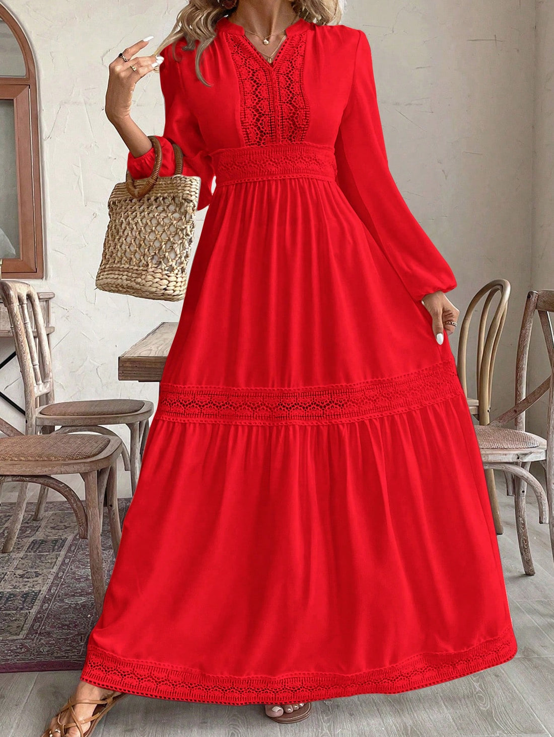 Look elegant and confident in our plus size dress with a unique notched neck and contrast lace detailing. The lantern sleeves add a touch of whimsy and playfulness to this stunning piece. Perfect for nights out or special occasions. (Plus, the lace is guaranteed to make you feel like a total lace queen!)