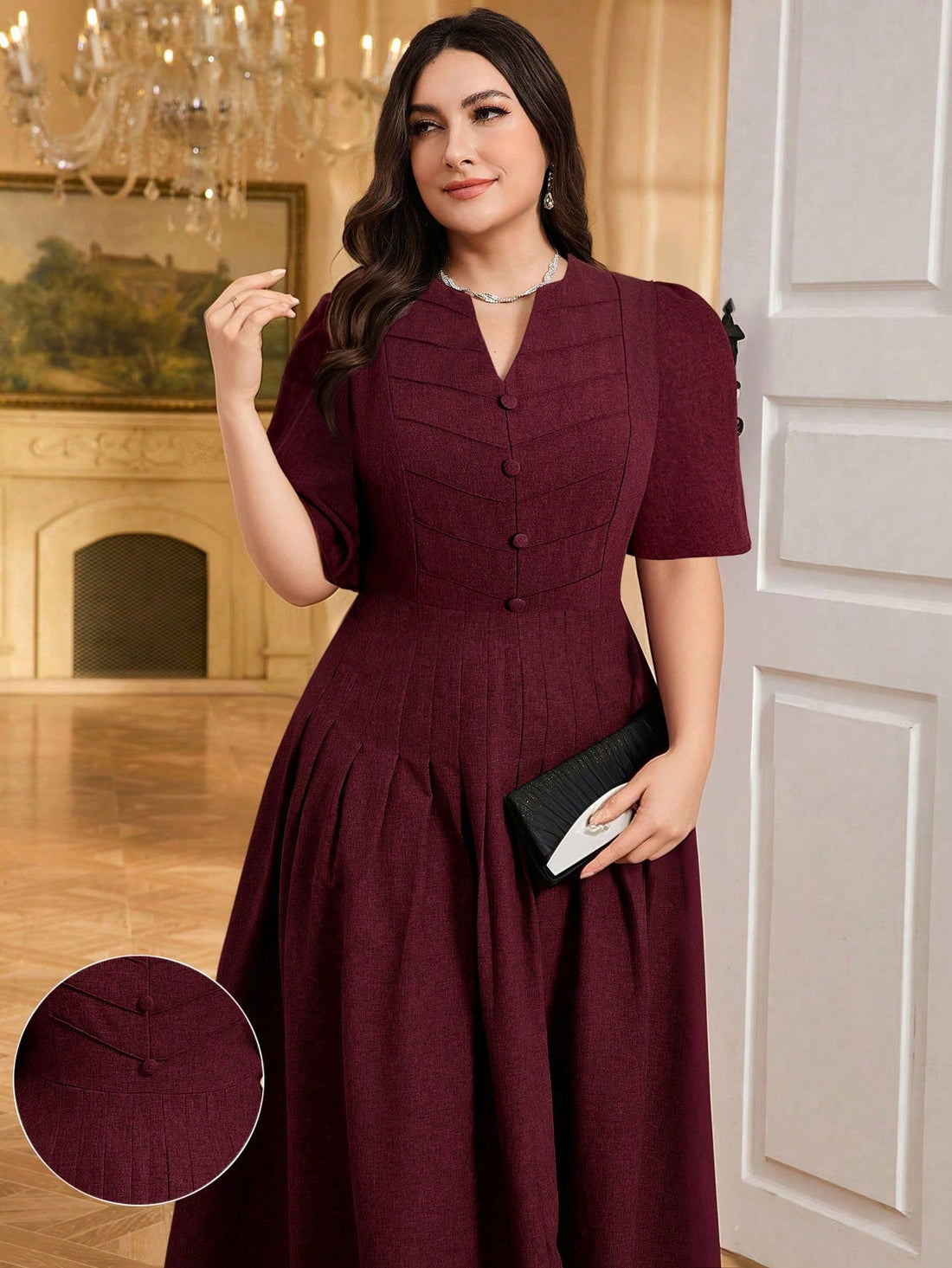 Elevate your wardrobe with this stunning plus-size dress that's equal parts sophisticated and fun! The notched neckline adds a modern twist, while delicate pleating creates beautiful movement and dimension. Crafted in a versatile solid color, this timeless piece transitions effortlessly from brunch to dinner, making it the go-to dress for any occasion. Designed to flatter and celebrate your curves, it's the kind of dress that makes you feel absolutely fabulous. Perfect for anyone who refuses to compromise o