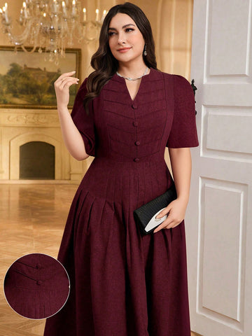 Elevate your wardrobe with this stunning plus-size dress that's equal parts sophisticated and fun! The notched neckline adds a modern twist, while delicate pleating creates beautiful movement and dimension. Crafted in a versatile solid color, this timeless piece transitions effortlessly from brunch to dinner, making it the go-to dress for any occasion. Designed to flatter and celebrate your curves, it's the kind of dress that makes you feel absolutely fabulous. Perfect for anyone who refuses to compromise o