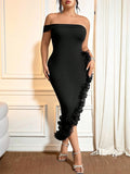 Turn heads at every event with this Elegant Plus Size Off-Shoulder Dress, designed to flatter your curves and celebrate your style. Its playful asymmetrical ruffled hem adds a fun twist to formal elegance, while the off-shoulder cut keeps things flirty and fresh. Perfect for special occasions where you want to shine and feel confident all night long.