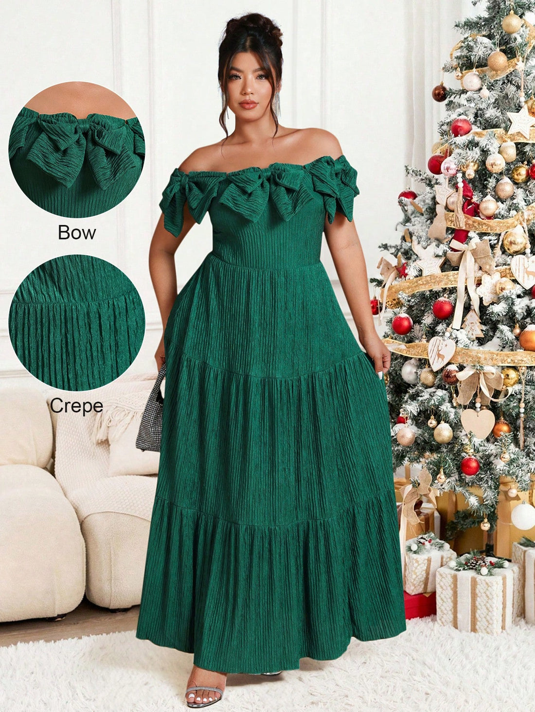 Make a statement this holiday season in this stunning plus-size dress that effortlessly blends sophistication with festive flair. The charming off-shoulder neckline frames your shoulders beautifully, while the playful bow detail adds a touch of whimsy. Unique patchwork elements create visual interest and movement, ensuring you'll turn heads at every Christmas party. Designed for curves and comfort, this dress celebrates your style with confidence and elegance. Perfect for creating unforgettable holiday memo