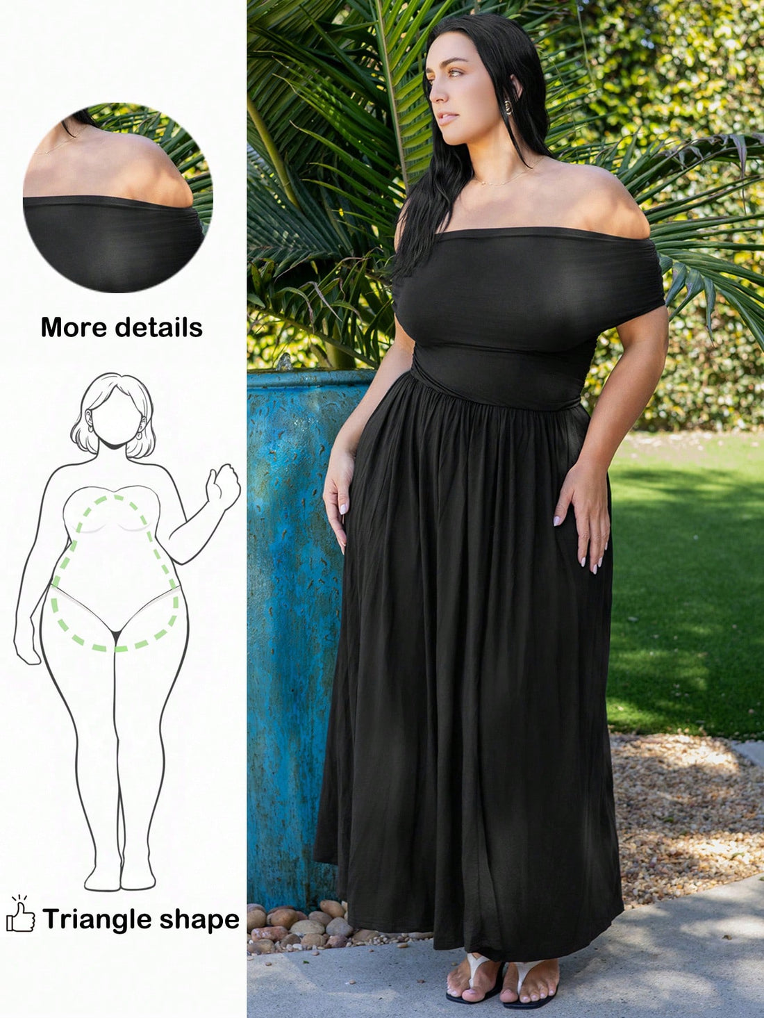 Celebrate in style with this stunning off-shoulder dress designed specifically for pear-shaped figures. The flattering cut draws attention upward while the stretchy, breathable fabric moves with you all night long. Perfect for birthdays, parties, or any occasion worth dressing up for, this plus-size beauty combines comfort with undeniable elegance. The off-shoulder neckline adds a touch of sophistication, while the forgiving stretch ensures you'll feel confident and fabulous from the first toast to the fina