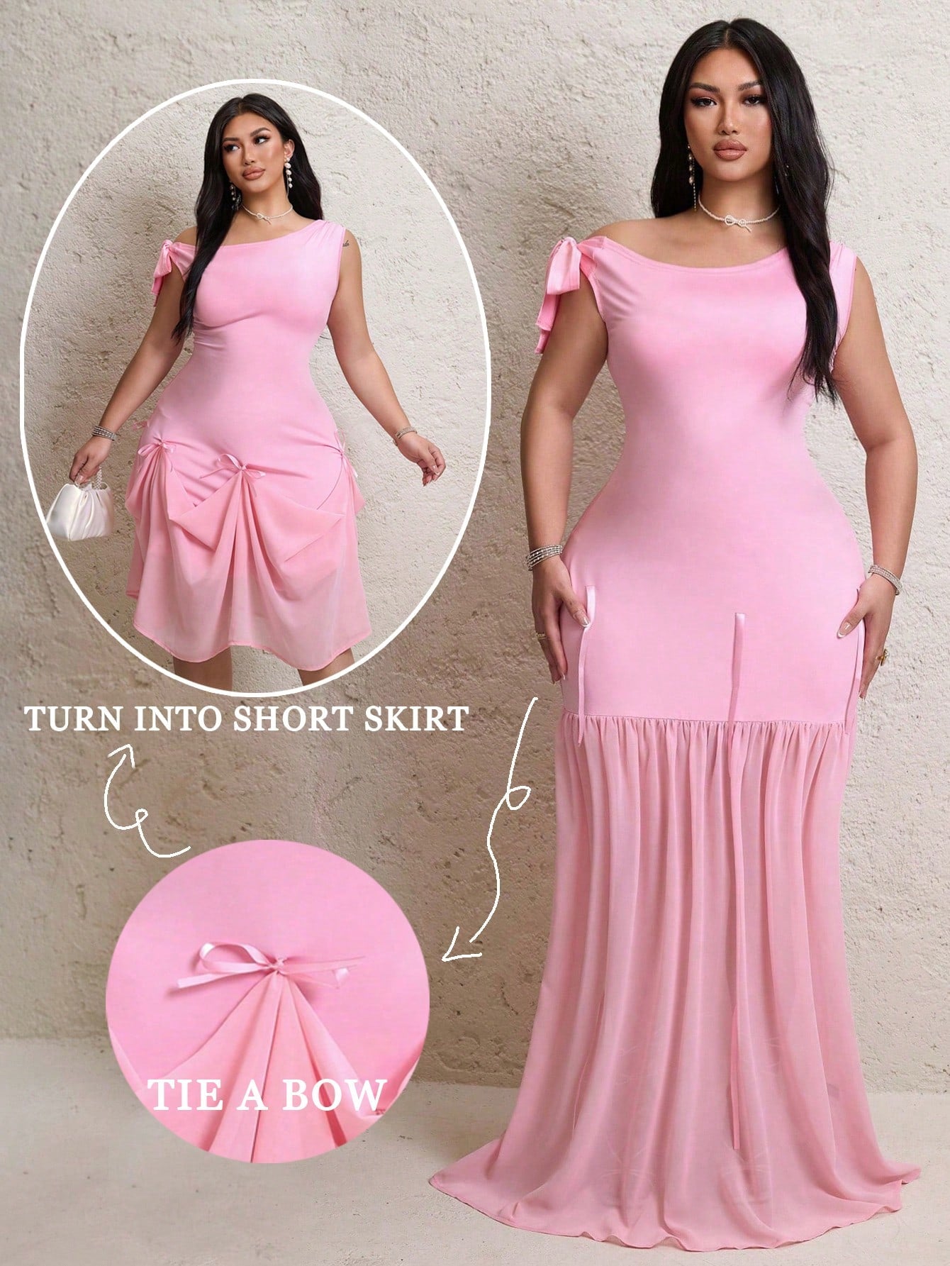 Turn heads wherever you go with this playful plus size off-shoulder fishtail dress. Featuring a flowing chiffon hem, it adds a touch of whimsy and elegance perfect for vacations or lively parties. The flattering fishtail silhouette highlights your curves while the off-shoulder design keeps things flirty and fun. Embrace effortless style and comfort in one stunning dress!