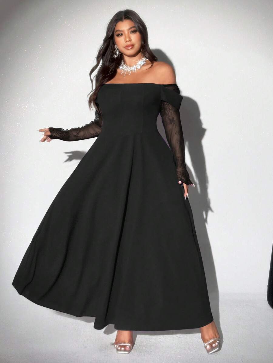 Turn heads with this Elegant Plus Size Off-Shoulder Lace Dress, designed to celebrate your curves with a playful twist. Featuring long sleeves and a charming contrast design, it blends sophistication with a flirty edge. Perfect for any occasion where you want to feel confident and effortlessly stylish.