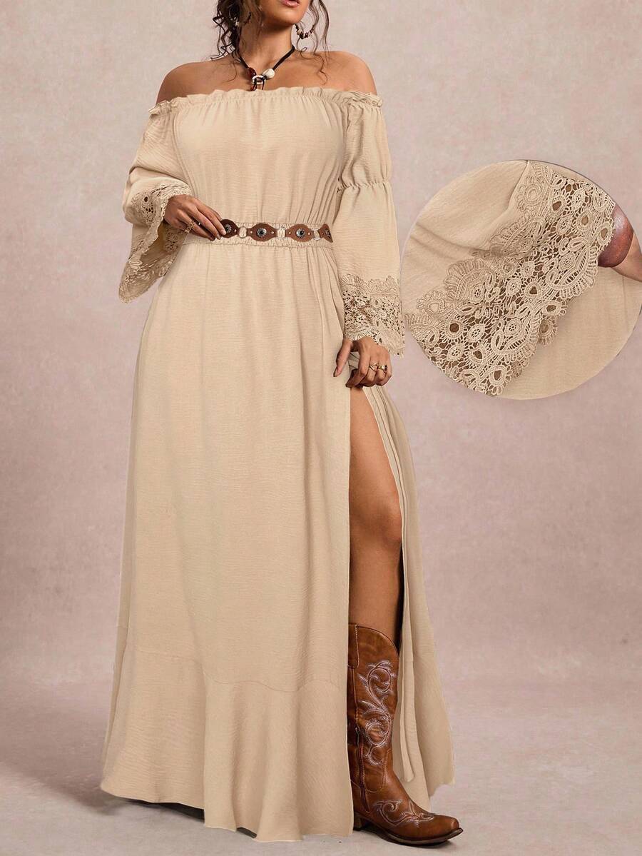 Slip into sophistication with this stunning plus-size dress that celebrates your curves in all the right ways. The off-shoulder neckline creates an effortlessly chic silhouette, while delicate lace patchwork adds romantic texture and visual interest. A practical split hem keeps things playful and comfortable, giving you freedom to move with confidence. Perfect for date nights, special occasions, or whenever you want to feel absolutely fabulous. This dress proves that elegance has no size limit—it's all abou