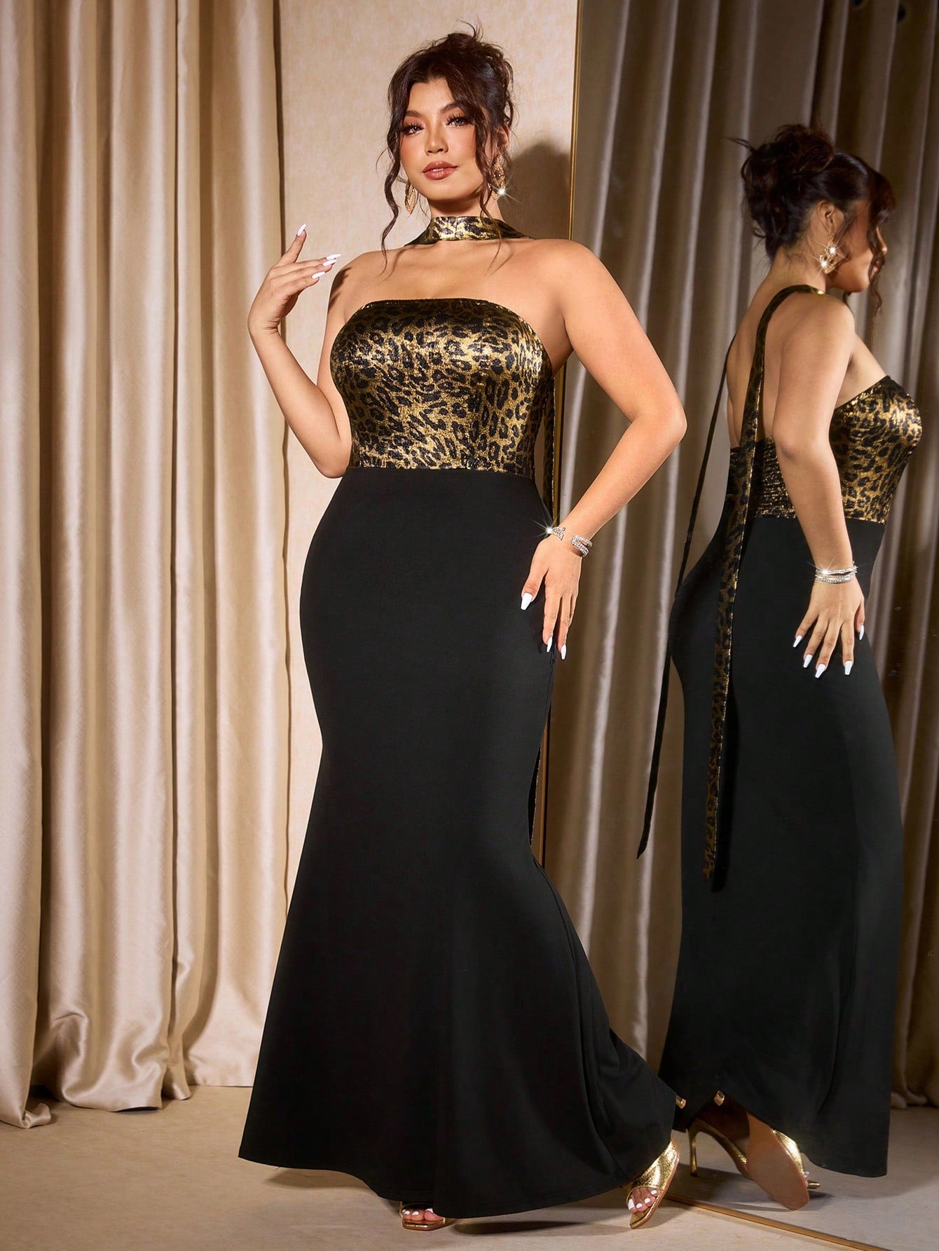 Turn heads at your next event in this stunning plus-size mermaid maxi dress. The off-shoulder neckline creates an effortlessly chic silhouette, while the bold leopard print adds a touch of wild sophistication. Designed to flatter curves with a flattering mermaid cut that hugs in all the right places, this dress transitions seamlessly from cocktail parties to evening celebrations. Perfect for anyone ready to make a statement and own the room with confidence and style.