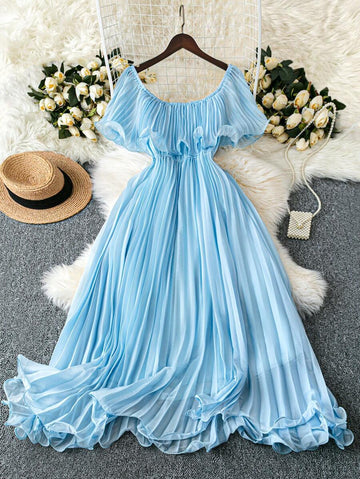 Step out in style with this Elegant Plus Size Off-Shoulder Ruffle Hem Midi Dress in a dreamy Alice Blue. Its flirty off-shoulder design and playful ruffle hem add a touch of romance, perfect for date nights or weddings. Flattering and comfortable, this midi dress embraces your curves while keeping you effortlessly chic.