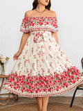 Step into spring and summer with this playful plus size off-shoulder midi dress, adorned with charming rose floral prints. Its ruffled neckline adds a flirty touch, while the flowing silhouette ensures comfort and style all day long. Perfect for sunny days and warm evenings, this dress brings effortless elegance with a fun, feminine vibe.