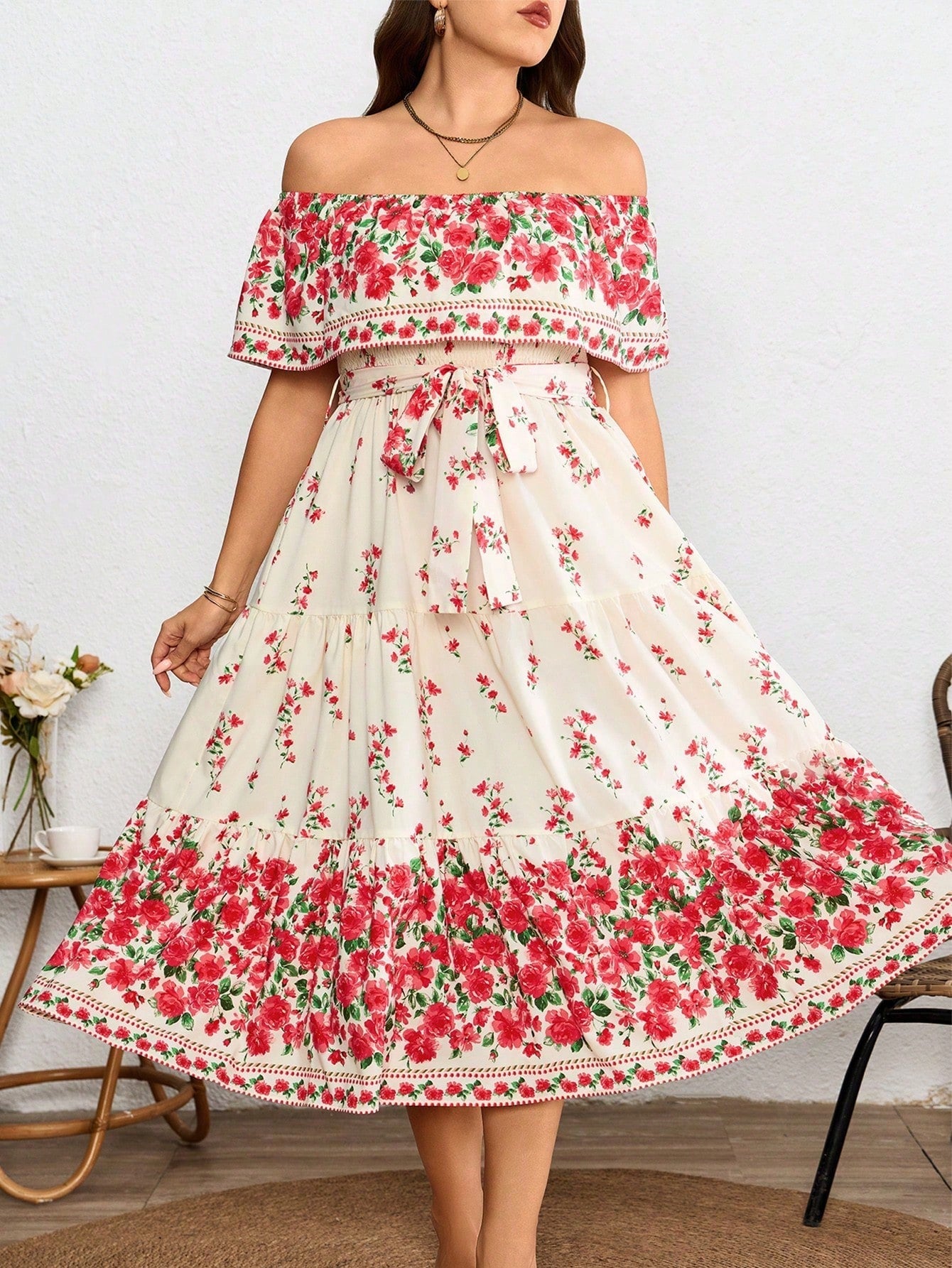 Step into spring and summer with this playful plus size off-shoulder midi dress, adorned with charming rose floral prints. Its ruffled neckline adds a flirty touch, while the flowing silhouette ensures comfort and style all day long. Perfect for sunny days and warm evenings, this dress brings effortless elegance with a fun, feminine vibe.