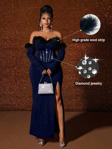 Slip into sophistication with this show-stopping off-shoulder dress that celebrates curves in all the right ways. The luxe fur trim adds a touch of glamour, while the strategic slit keeps things flirty and fun. Whether you're heading to a party or elevating your everyday look, this plus-size beauty delivers confidence with every wear. Comfortable, chic, and unapologetically fabulous—because you deserve to feel amazing.