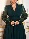 Make a statement in this stunning olive green party dress that celebrates your curves with effortless glamour. Sheer long sleeves adorned with delicate beading create an enchanting, sophisticated look perfect for any special occasion. The flowing silhouette flatters your figure while the rich jewel tone adds an air of elegance and mystery. Whether you're heading to a gala, wedding, or night out, this plus-size beauty ensures you'll turn heads and feel absolutely fabulous from the moment you slip it on.