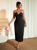 Step into charm with this Elegant Plus Size One-Shoulder Floral Dress. Its whimsical floral pattern and daring split design blend sophistication with a flirty twist. The fitted silhouette highlights your curves while the one-shoulder cut adds a playful, stylish edge. Perfect for turning heads at any event, this dress makes elegance fun and effortlessly fabulous.