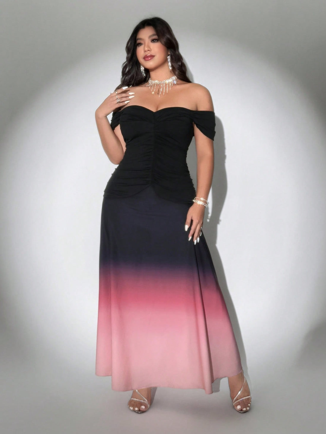 Turn heads at your next romantic party with this Elegant Plus Size One-Shoulder Ombre Mermaid Maxi Dress. Its flattering mermaid silhouette hugs your curves while the one-shoulder design adds a touch of playful charm. The beautiful ombre effect creates a dreamy gradient that makes you shine all night long. Perfect for making unforgettable memories in style and comfort.
