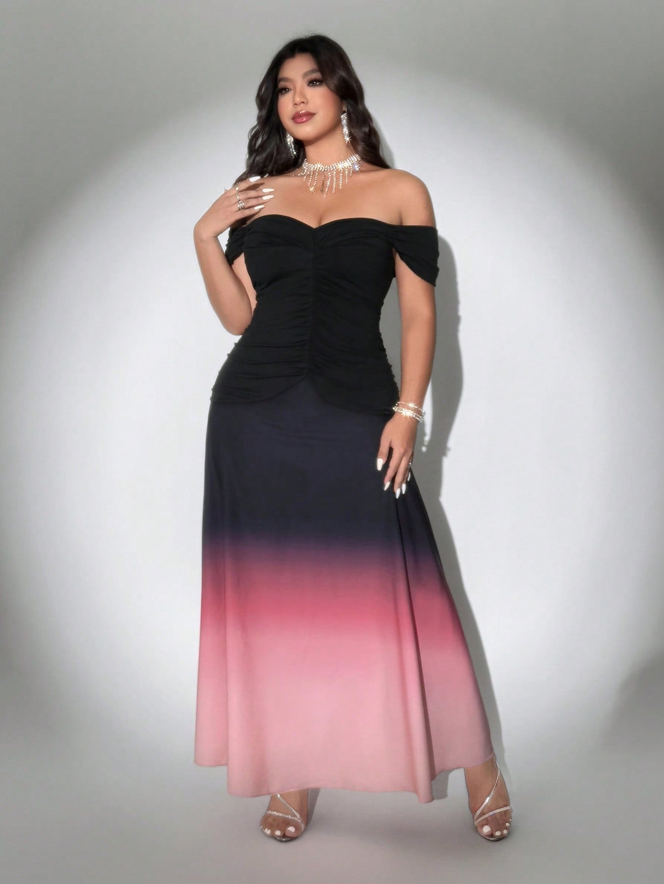 Turn heads at your next romantic party with this Elegant Plus Size One-Shoulder Ombre Mermaid Maxi Dress. Its flattering mermaid silhouette hugs your curves while the one-shoulder design adds a touch of playful charm. The beautiful ombre effect creates a dreamy gradient that makes you shine all night long. Perfect for making unforgettable memories in style and comfort.