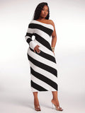 Turn heads with this Elegant Plus Size One-Shoulder Striped Bodycon Sweater Dress, perfect for cozy fall and winter office days. Its figure-hugging silhouette and playful one-shoulder design create a chic balance of warmth and style. The classic stripes add a dash of fun while keeping it professional—ideal for making your workwear stand out without trying too hard. Stay comfy, look fabulous!