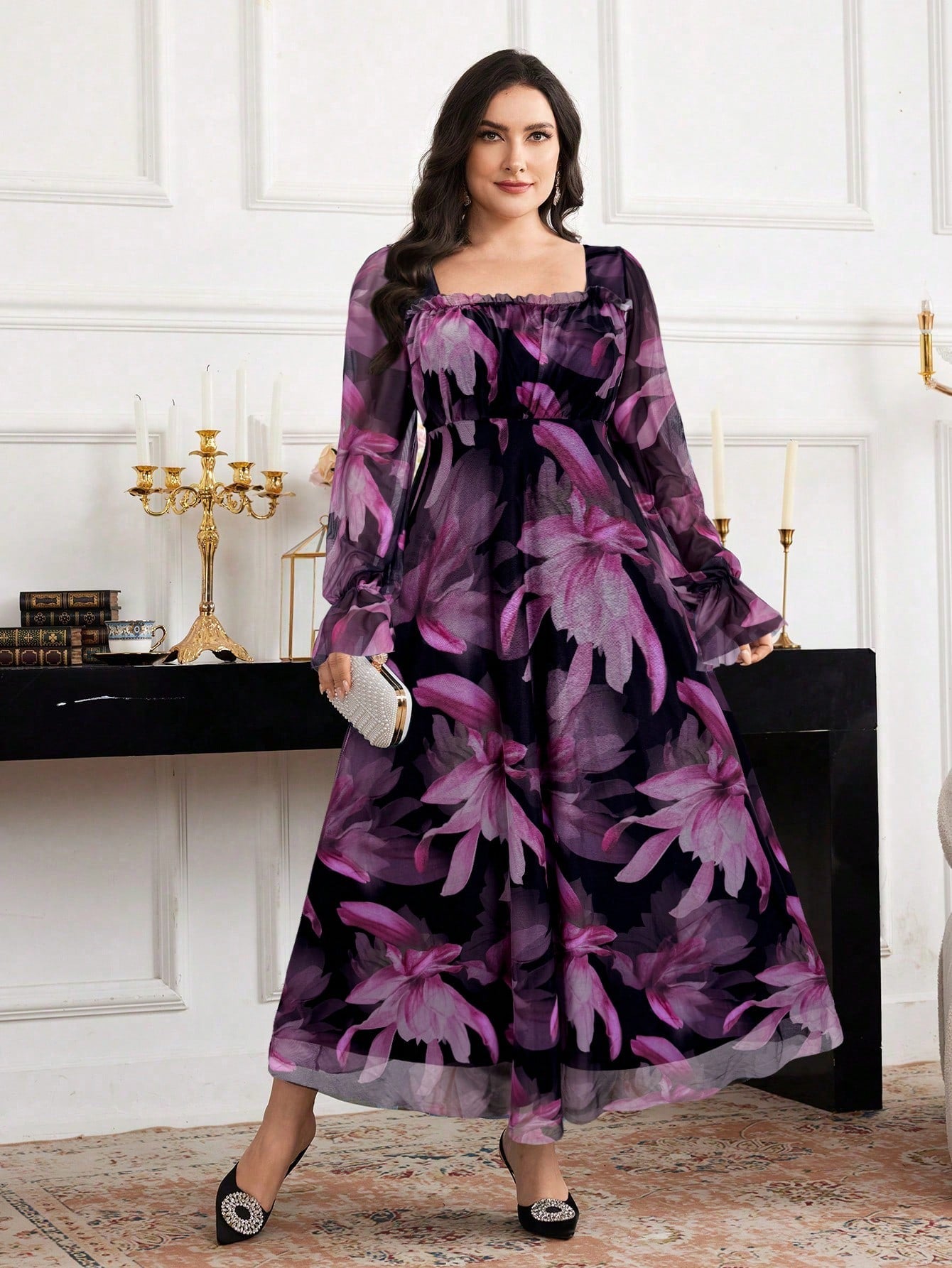 Step into the spotlight with this Elegant Plus Size Pink Floral Mesh Maxi Dress. Its dreamy pink mesh, adorned with delicate floral prints, pairs perfectly with a flattering square neck and long sleeves for a graceful yet fun vibe. Flowing and light, it’s made to twirl through any special occasion with confidence and charm. Feel fabulous, flirty, and unforgettable in every step!