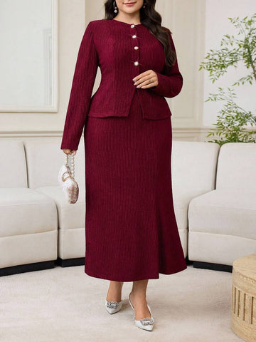 Elevate your work wardrobe with this fabulous two-piece set that's ready to turn heads! The plisse jacket brings sophisticated texture and movement, while the fishtail hem pencil skirt adds a cheeky dose of style that says "I've got this." Perfect for the office, commute, or anywhere you want to feel polished and put-together. This plus-size ensemble celebrates curves with tailored confidence—because looking good shouldn't mean compromising comfort. Mix, match, or wear together for endless possibilities!