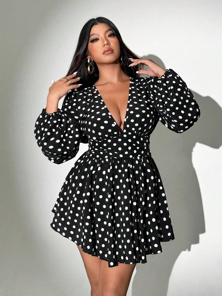 Step out in style with this Elegant Plus Size Polka Dot Lantern Sleeve Dress from the Celure Collection. Featuring a flirty deep V-neck and charming lantern sleeves, this dress combines comfort with a playful twist. The classic polka dot pattern adds a timeless touch, making it perfect for any occasion where you want to shine and feel fabulous.