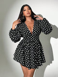 Step out in style with this Elegant Plus Size Polka Dot Lantern Sleeve Dress from the Celure Collection. Featuring a flirty deep V-neck and charming lantern sleeves, this dress combines comfort with a playful twist. The classic polka dot pattern adds a timeless touch, making it perfect for any occasion where you want to shine and feel fabulous.