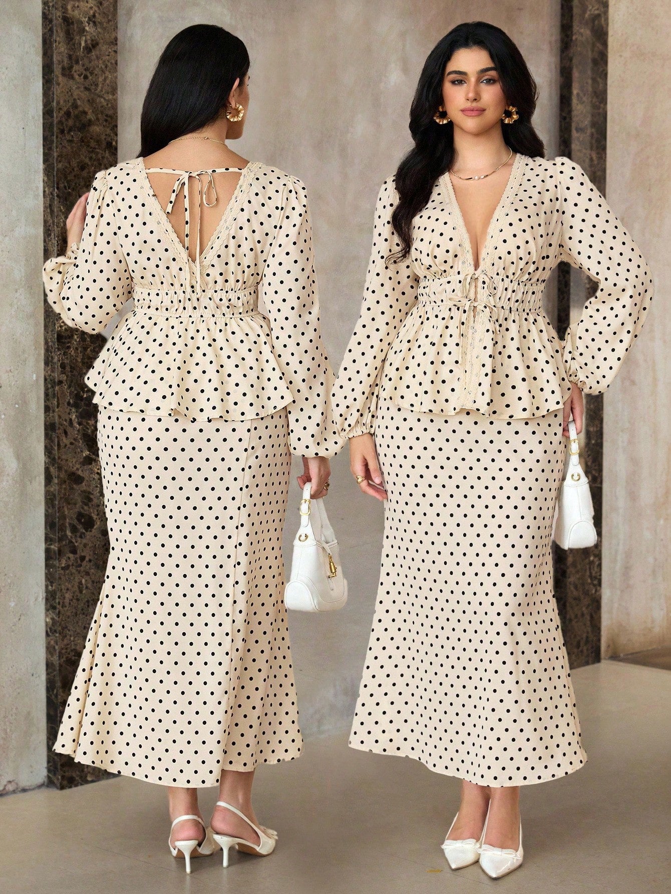 Elevate your wardrobe with this charming cream polka dot two-piece set designed for the modern woman who loves timeless style. The fitted long-sleeve top features a flattering waist cinch that creates beautiful definition, while the coordinating skirt offers graceful movement and modest coverage. Perfect for brunch dates, office gatherings, or weekend adventures, this set combines sophistication with playful flair. The polka dot pattern adds a touch of vintage-inspired charm that never goes out of style. Co