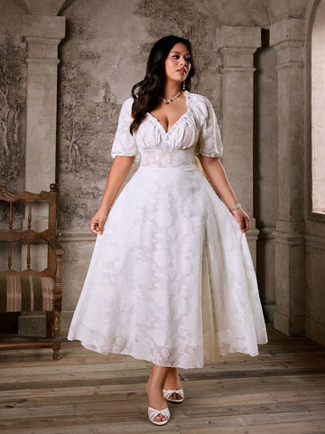 Elegant plus size puff sleeve dress for women with a chic solid-color design. Perfect for brunch, vacations, casual outings, dinners, and everyday style.