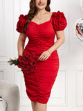 Turn heads this Valentine's Day in this stunning red bodycon dress designed for curves and confidence. The dramatic ruffle puff sleeves add a touch of romance, while the intricate 3D rose flower detail elevates your look from sweet to show-stopping. Flattering, feminine, and unapologetically bold—this is the dress that says you're ready to celebrate love in style. Perfect for date night, galentine's gatherings, or any occasion calling for a little extra glamour.