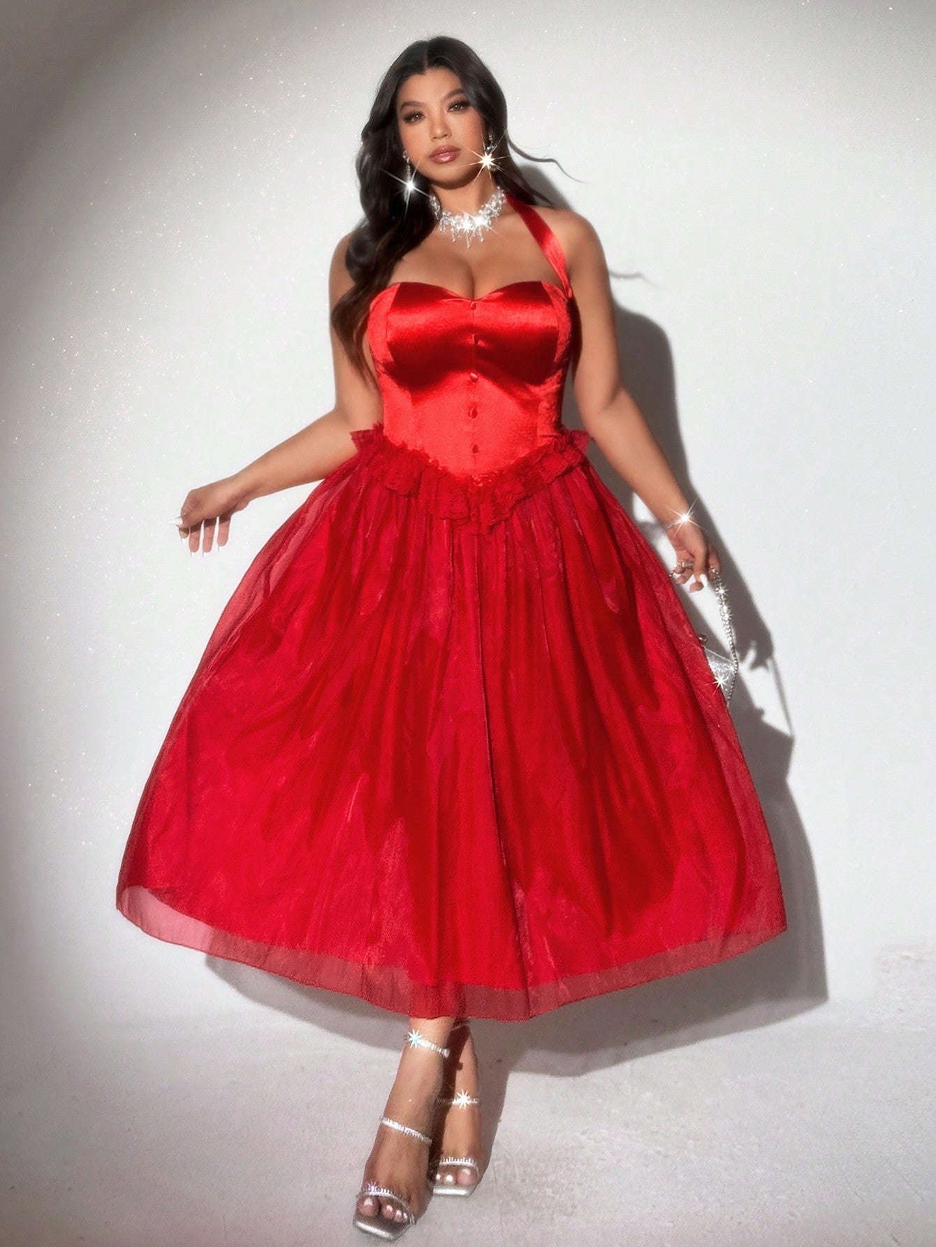 Elegant Plus Size Red Dress with Lace Trim and Ruffle Hem for Valentine's  Day and Date Night