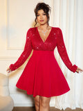Shine like a ruby at your next special event in this stunning red sequin dress! The plunging V-neckline flatters your figure while the whimsical lantern sleeves add a touch of dramatic flair. Crafted for plus-size curves, this showstopper features all-over sequins that catch the light with every move, making you the star of any banquet or celebration. Perfect for those moments when you want to feel absolutely fabulous and unforgettable.