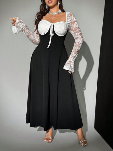 Step into timeless charm with this Elegant Plus Size Retro Dress! Featuring a flattering round neck, delicate pleats, and a playful tie-front, this long-sleeve party dress blends vintage vibes with modern flair. The black and white lace patchwork adds a touch of whimsy, making it perfect for dancing the night away or turning heads at any event. Celebrate your curves in style and let your confidence shine!