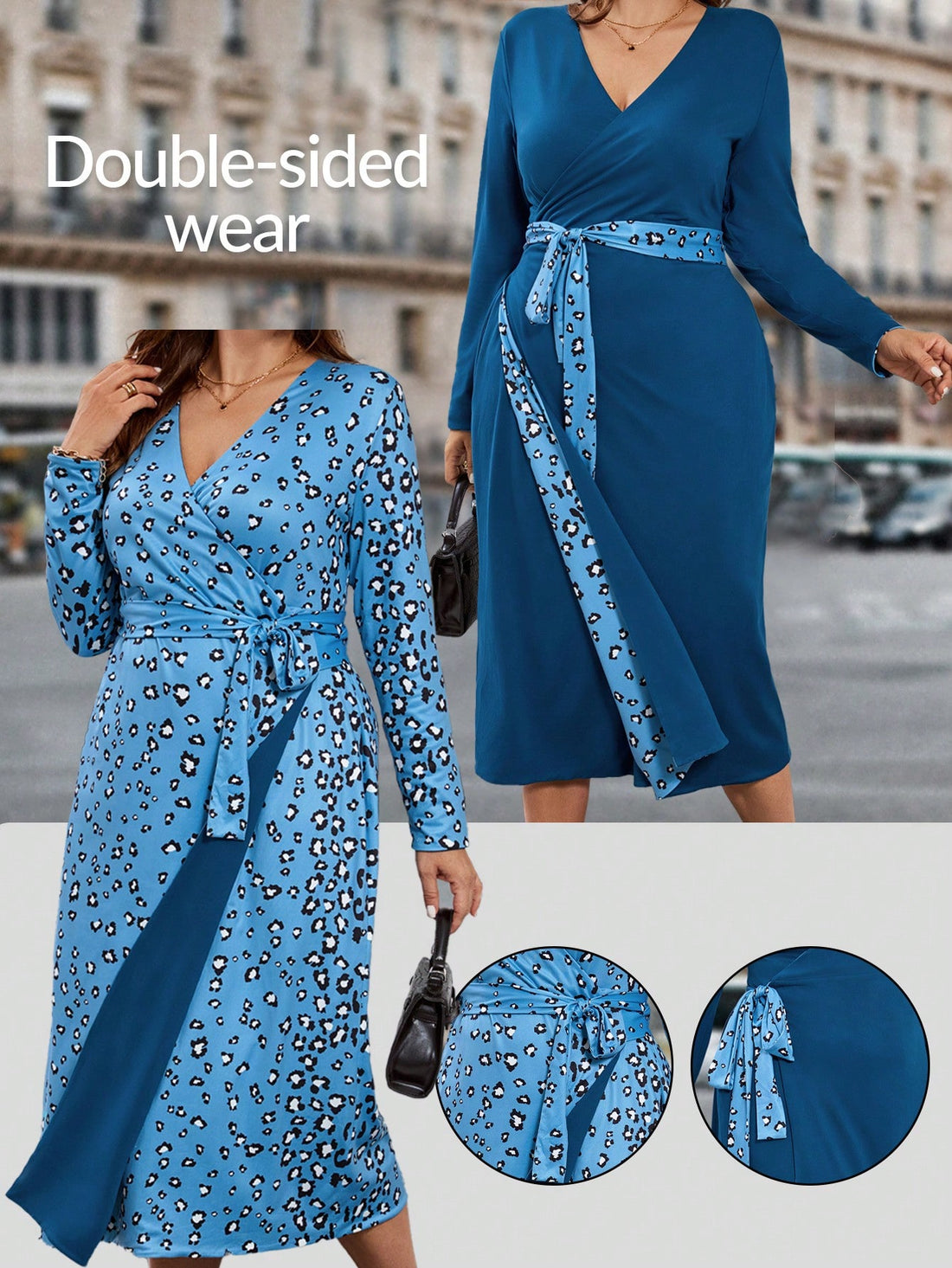 Turn heads in this Elegant Plus Size Reversible Blue Leopard Print V-Neck Wrap Dress! With its bold blue leopard print on one side and a sleek solid look on the other, this dress lets you switch up your style in a snap. The flattering V-neck and wrap design embrace your curves beautifully, making every moment feel like a celebration. Perfect for those who love a little wild flair with a touch of elegance.