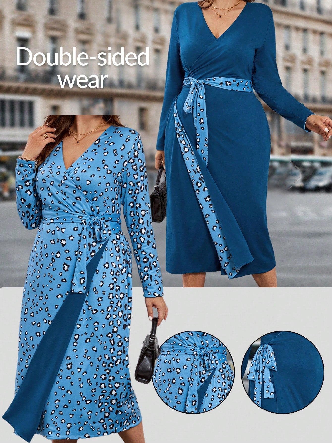Turn heads in this Elegant Plus Size Reversible Blue Leopard Print V-Neck Wrap Dress! With its bold blue leopard print on one side and a sleek solid look on the other, this dress lets you switch up your style in a snap. The flattering V-neck and wrap design embrace your curves beautifully, making every moment feel like a celebration. Perfect for those who love a little wild flair with a touch of elegance.